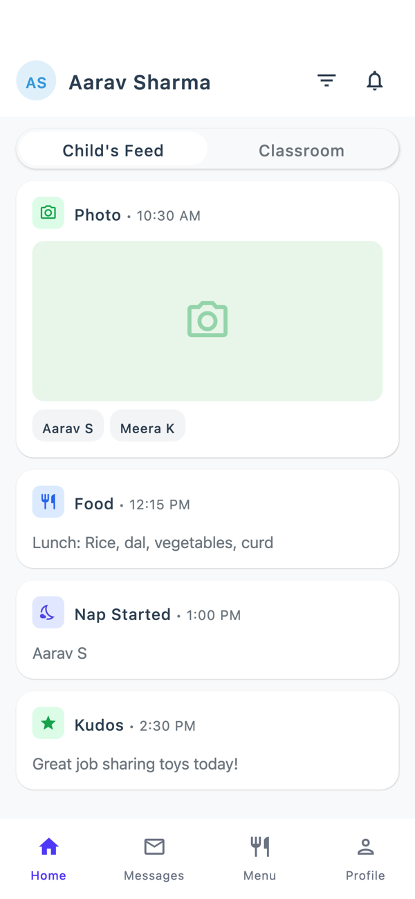 Parent app — child's day feed with photos, meals and naps